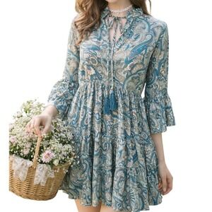Paani Teal Paisley Tiered Babydoll Dress Flowy Vneck Tassle High Waisted Flowy